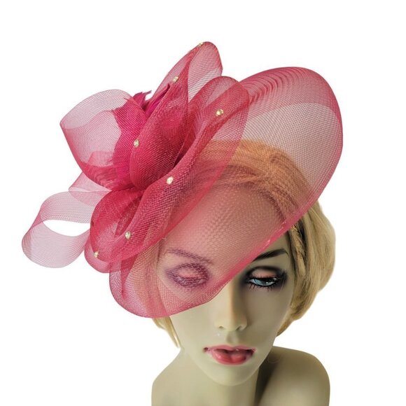 Red Fascinator with Soft Sinamay and Crinoline Layered Bows - Picture 3 of 16